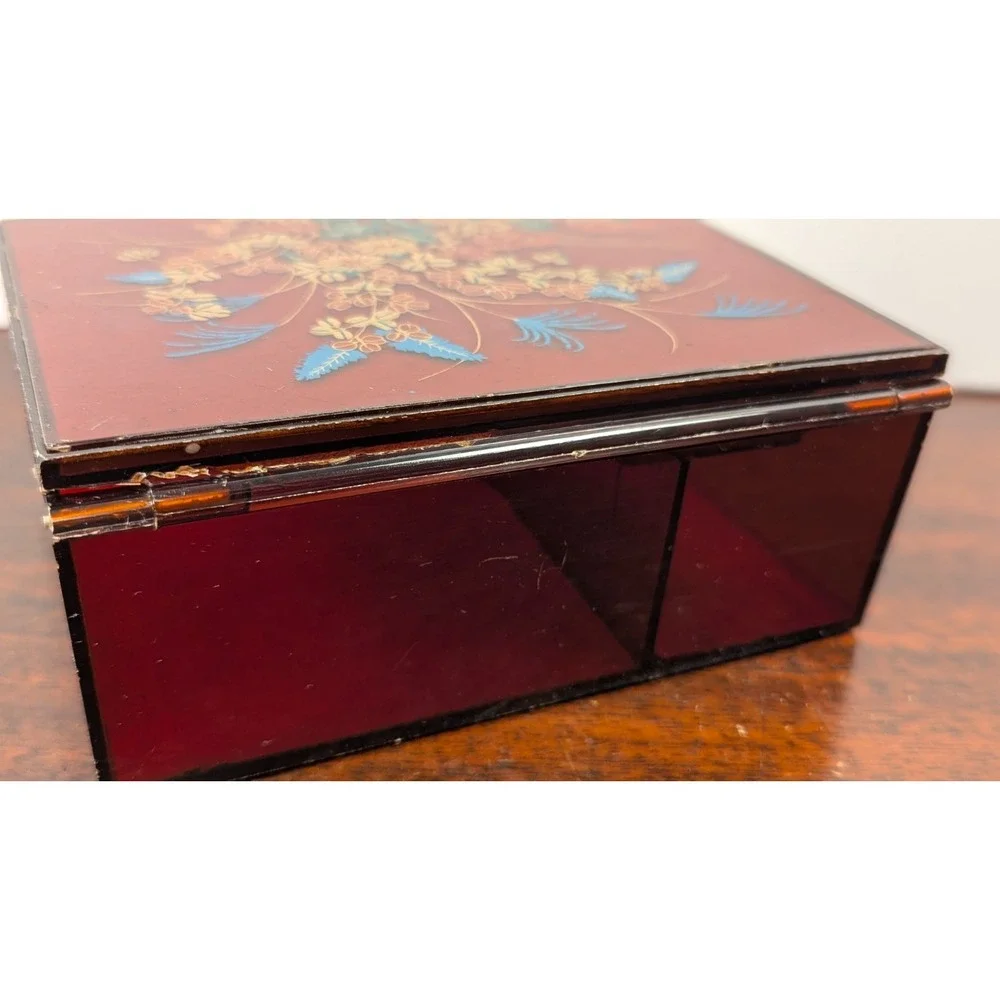 Vintage Floral Amber Acrylic Jewelry Box Mirrored Lid Lucite Style Trinket Box